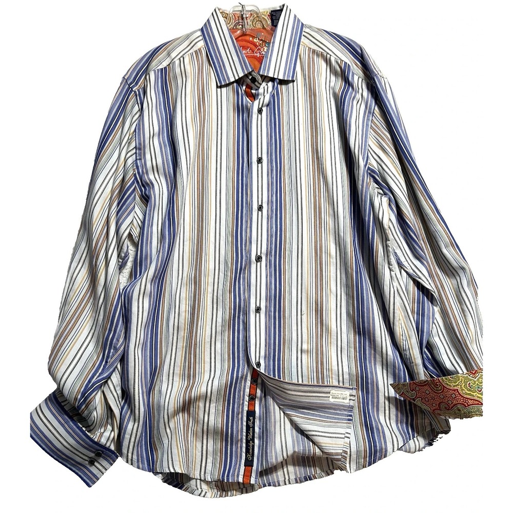 Robert Graham XL Cotton Blue White Striped Long Sleeve Button Shirt (UB)